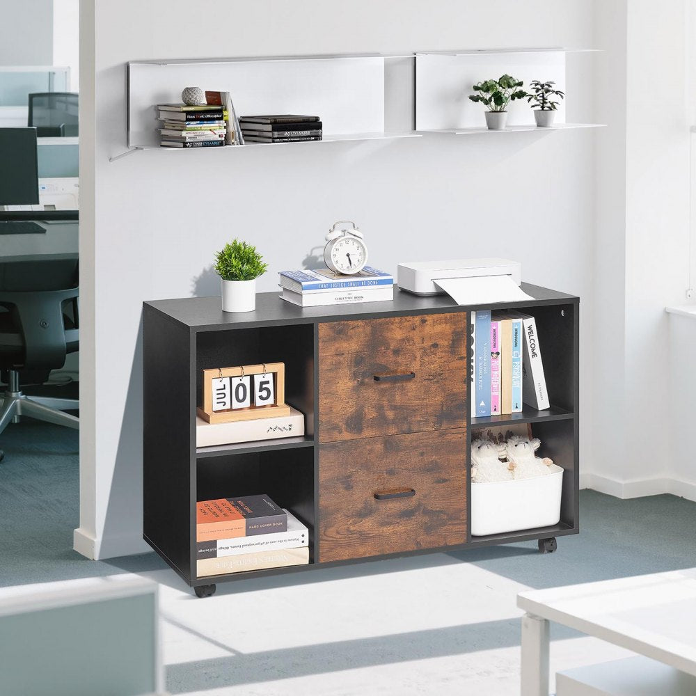 VEVOR 2 Drawer Wooden File Cabinet Mobile Filing Cabinet with Open Shelves Black