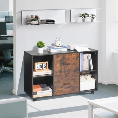 VEVOR 2 Drawer Wooden File Cabinet Mobile Filing Cabinet with Open Shelves Black