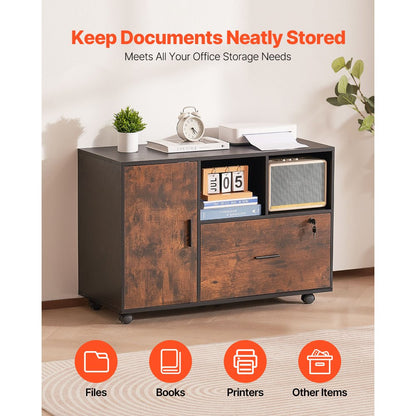 VEVOR Wood File Cabinet Lockable Mobile Filing Cabinet Open Shelves Rustic Brown