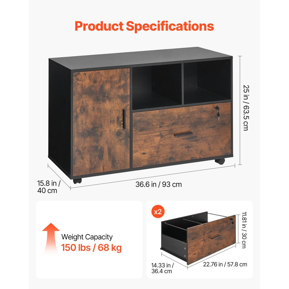 VEVOR Wood File Cabinet Lockable Mobile Filing Cabinet Open Shelves Rustic Brown