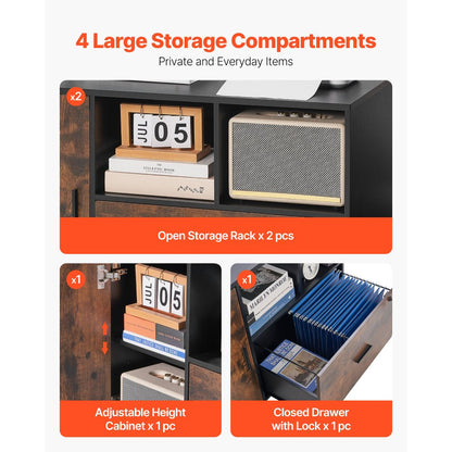 VEVOR Wood File Cabinet Lockable Mobile Filing Cabinet Open Shelves Rustic Brown