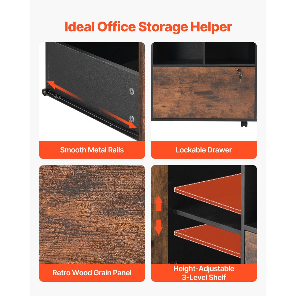VEVOR Wood File Cabinet Lockable Mobile Filing Cabinet Open Shelves Rustic Brown