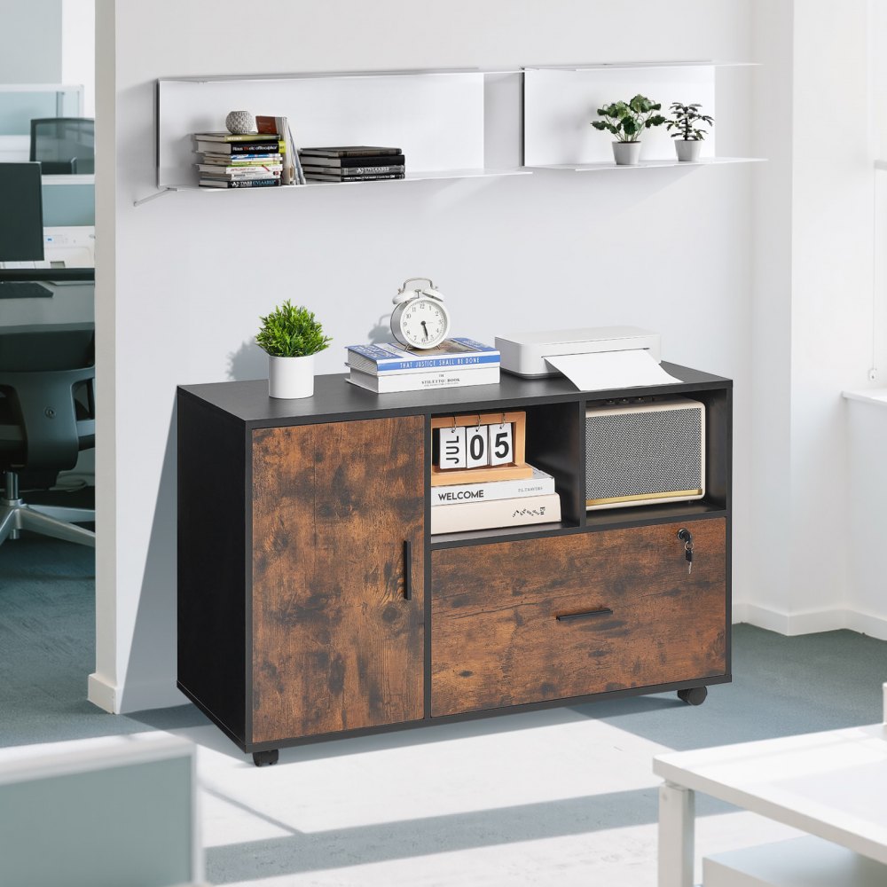 VEVOR Wood File Cabinet Lockable Mobile Filing Cabinet Open Shelves Rustic Brown