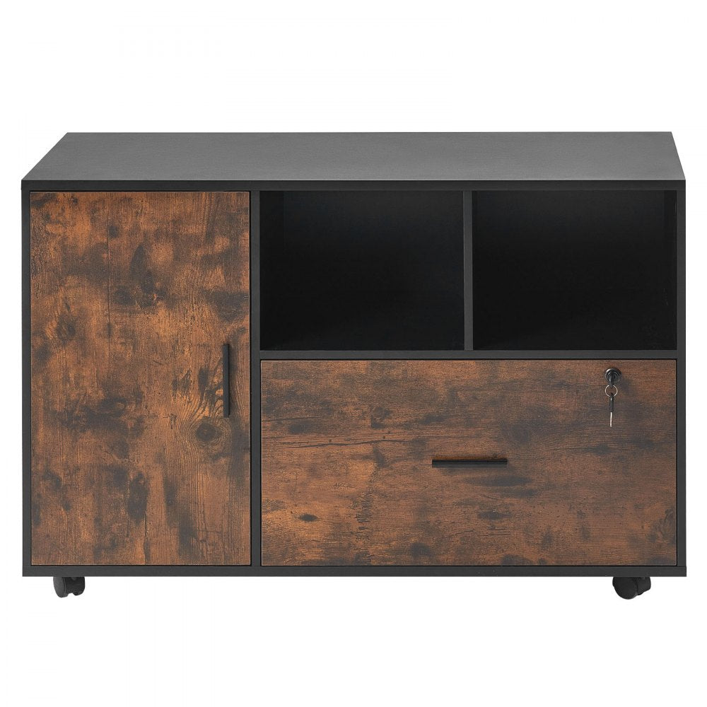 VEVOR Wood File Cabinet Lockable Mobile Filing Cabinet Open Shelves Rustic Brown