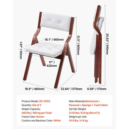 Wooden Folding Chairs with Padded Cushion and Wooden Frame White Set of 2