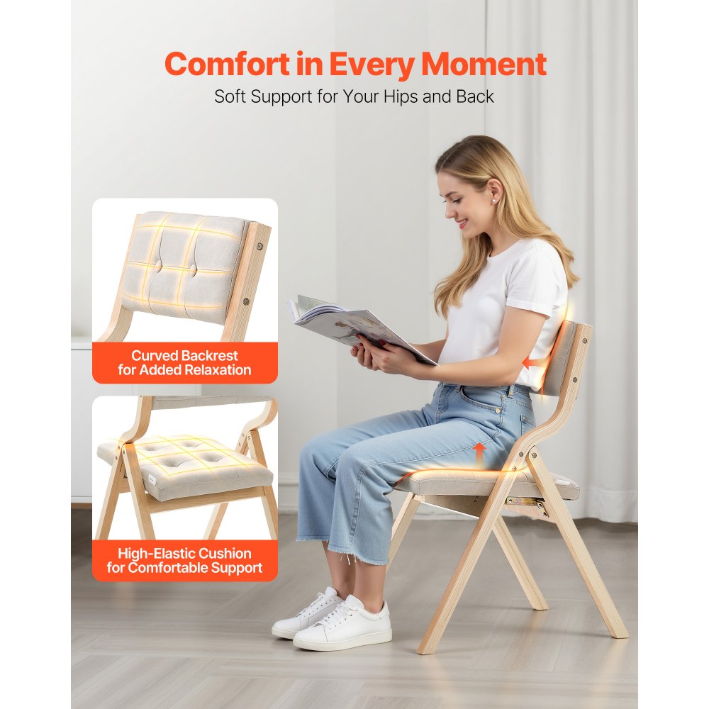 Wooden Folding Chairs with Padded Cushion and Wooden Frame Beige Set of 4