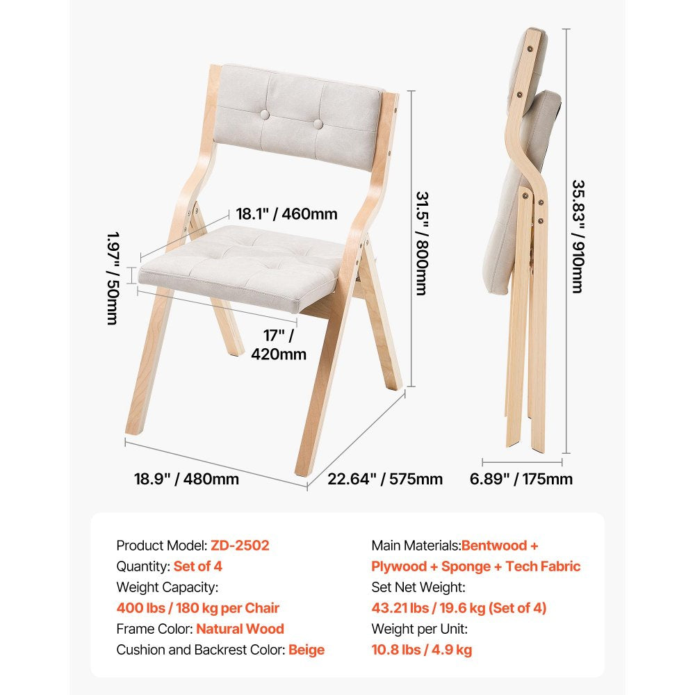 Wooden Folding Chairs with Padded Cushion and Wooden Frame Beige Set of 4