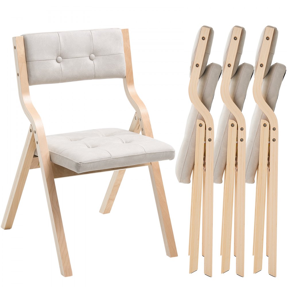 Wooden Folding Chairs with Padded Cushion and Wooden Frame Beige Set of 4