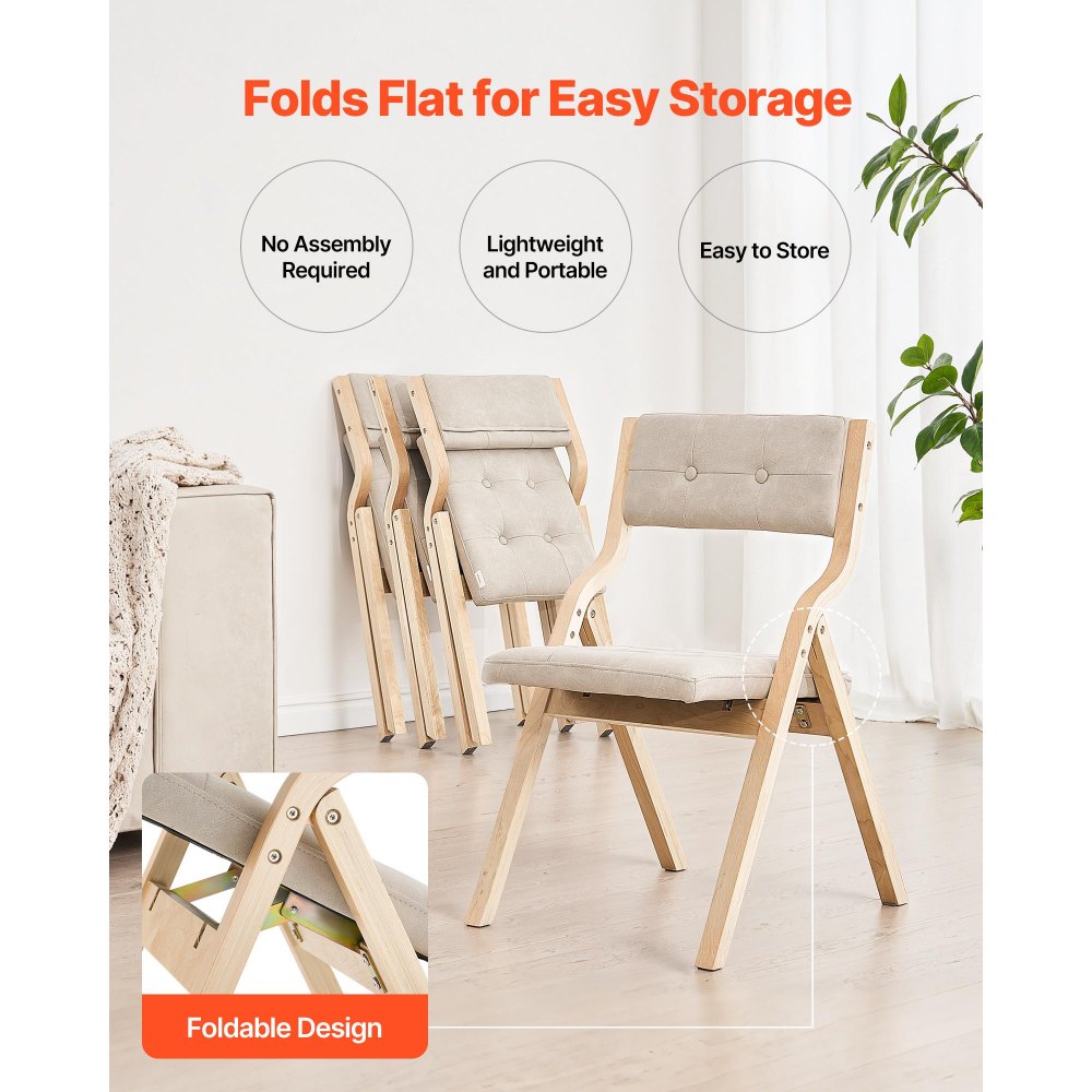 Wooden Folding Chairs with Padded Cushion and Wooden Frame Beige Set of 2
