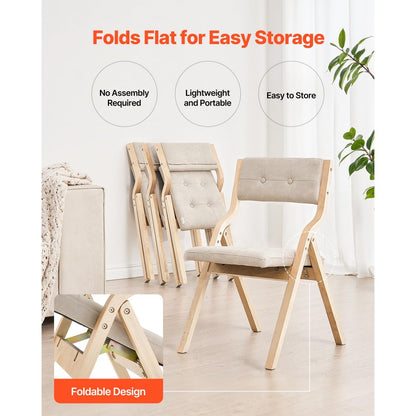 Wooden Folding Chairs with Padded Cushion and Wooden Frame Beige Set of 2