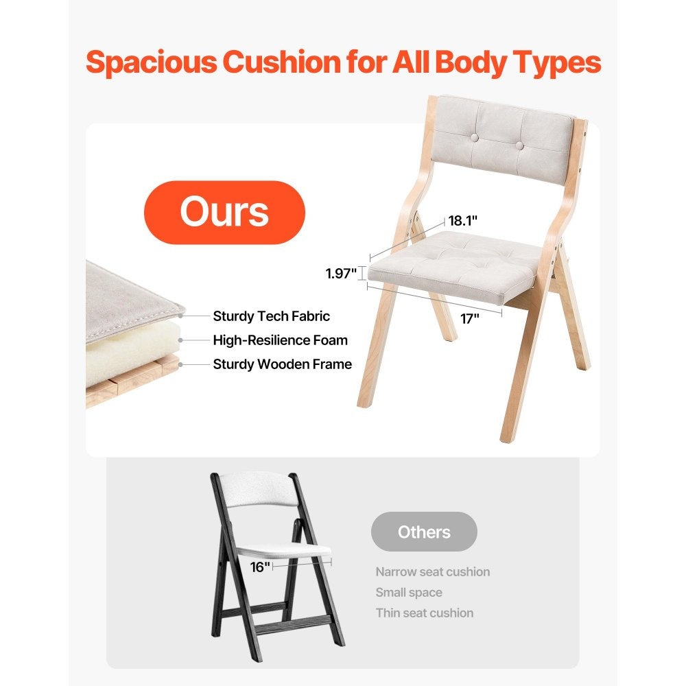 Wooden Folding Chairs with Padded Cushion and Wooden Frame Beige Set of 2