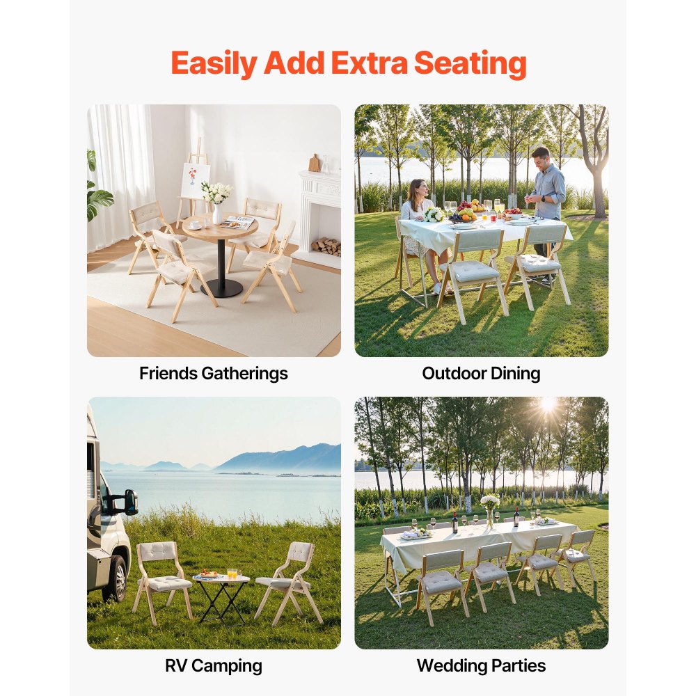Wooden Folding Chairs with Padded Cushion and Wooden Frame Beige Set of 2