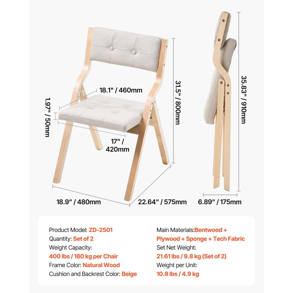 Wooden Folding Chairs with Padded Cushion and Wooden Frame Beige Set of 2