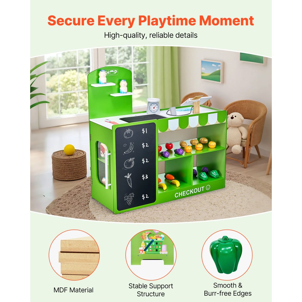 Kids Grocery Store Playset Wooden Play Market Stand with Cash Register