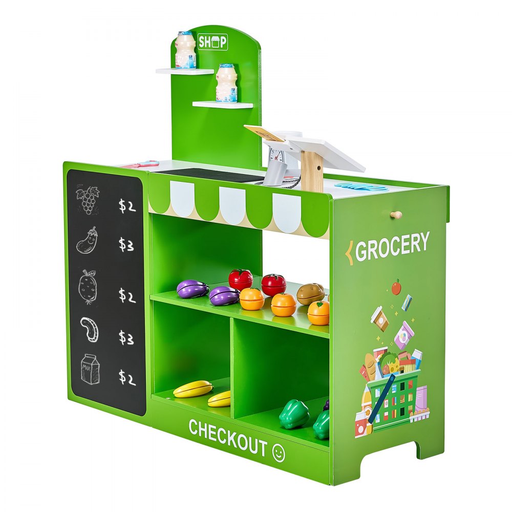 Kids Grocery Store Playset Wooden Play Market Stand with Cash Register