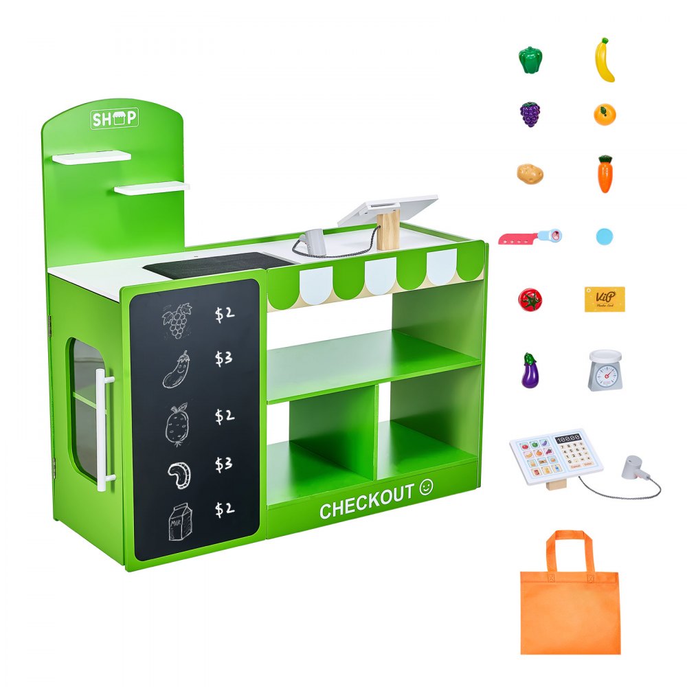 Kids Grocery Store Playset Wooden Play Market Stand with Cash Register