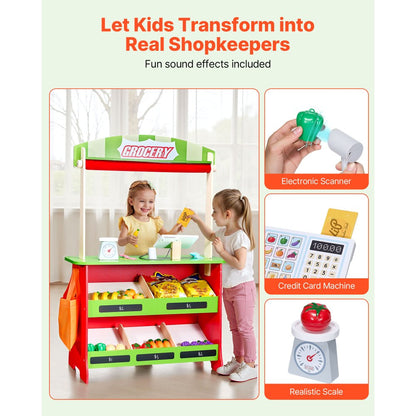 Wooden Puppet Theater 2-in-1 Reversible Play Store Kids Play Market Stand