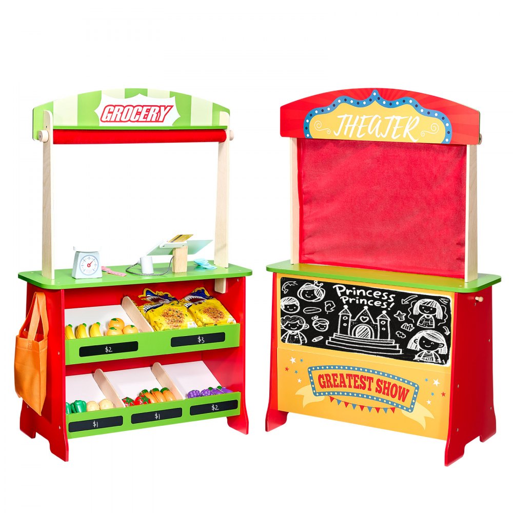 Wooden Puppet Theater 2-in-1 Reversible Play Store Kids Play Market Stand
