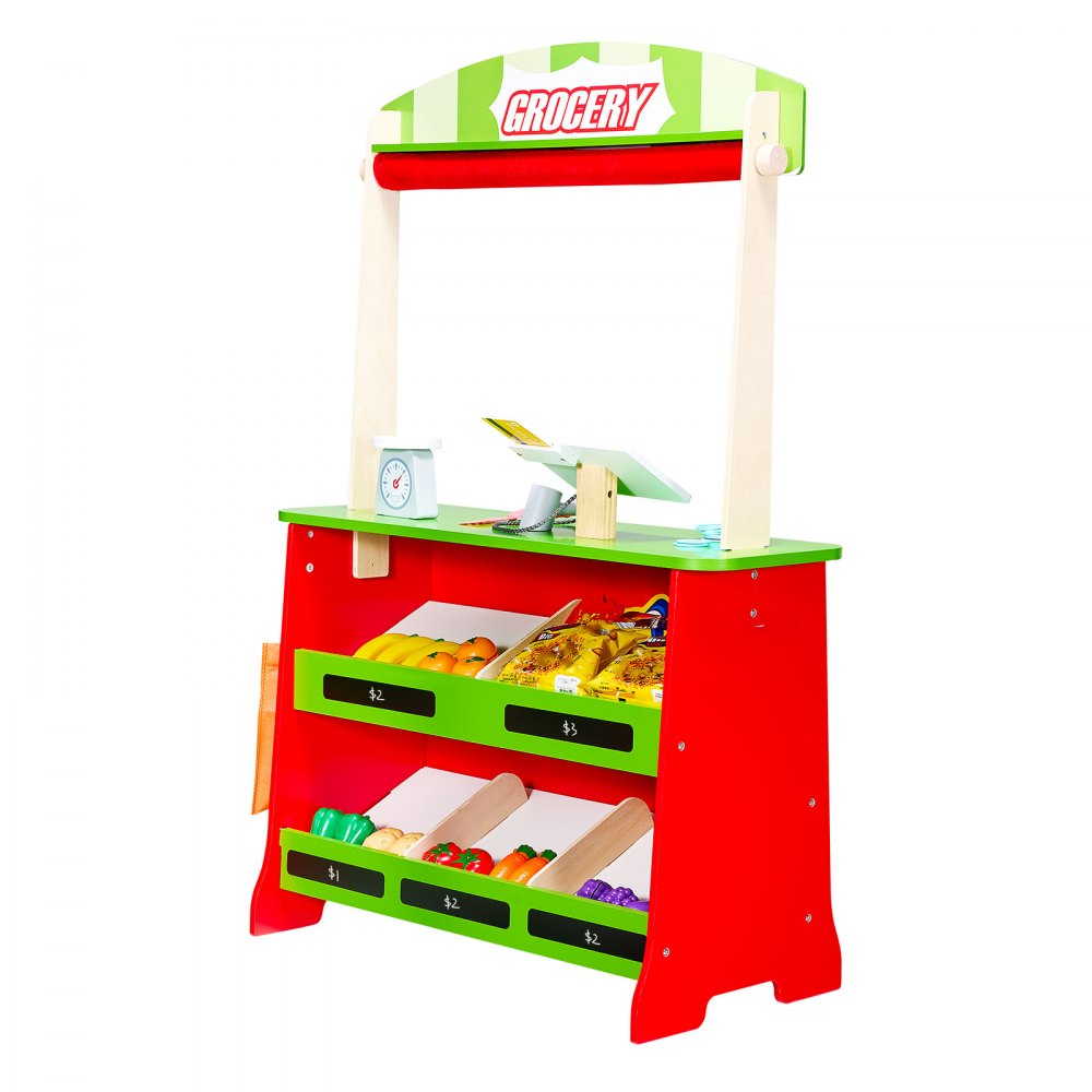 Wooden Puppet Theater 2-in-1 Reversible Play Store Kids Play Market Stand