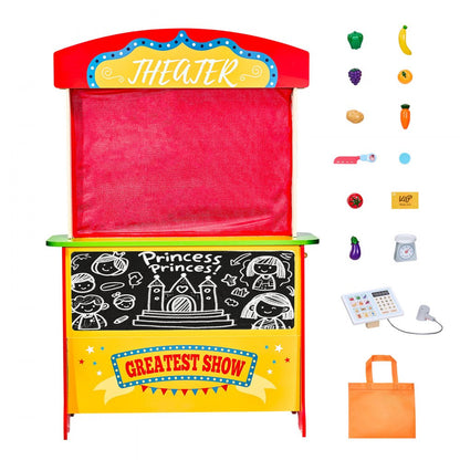 Wooden Puppet Theater 2-in-1 Reversible Play Store Kids Play Market Stand