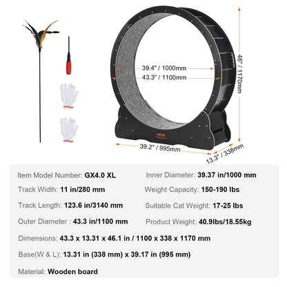 VEVOR Cat Exercise Wheel 43.3" Large Cat Treadmill Wheel for Indoor Cats Black