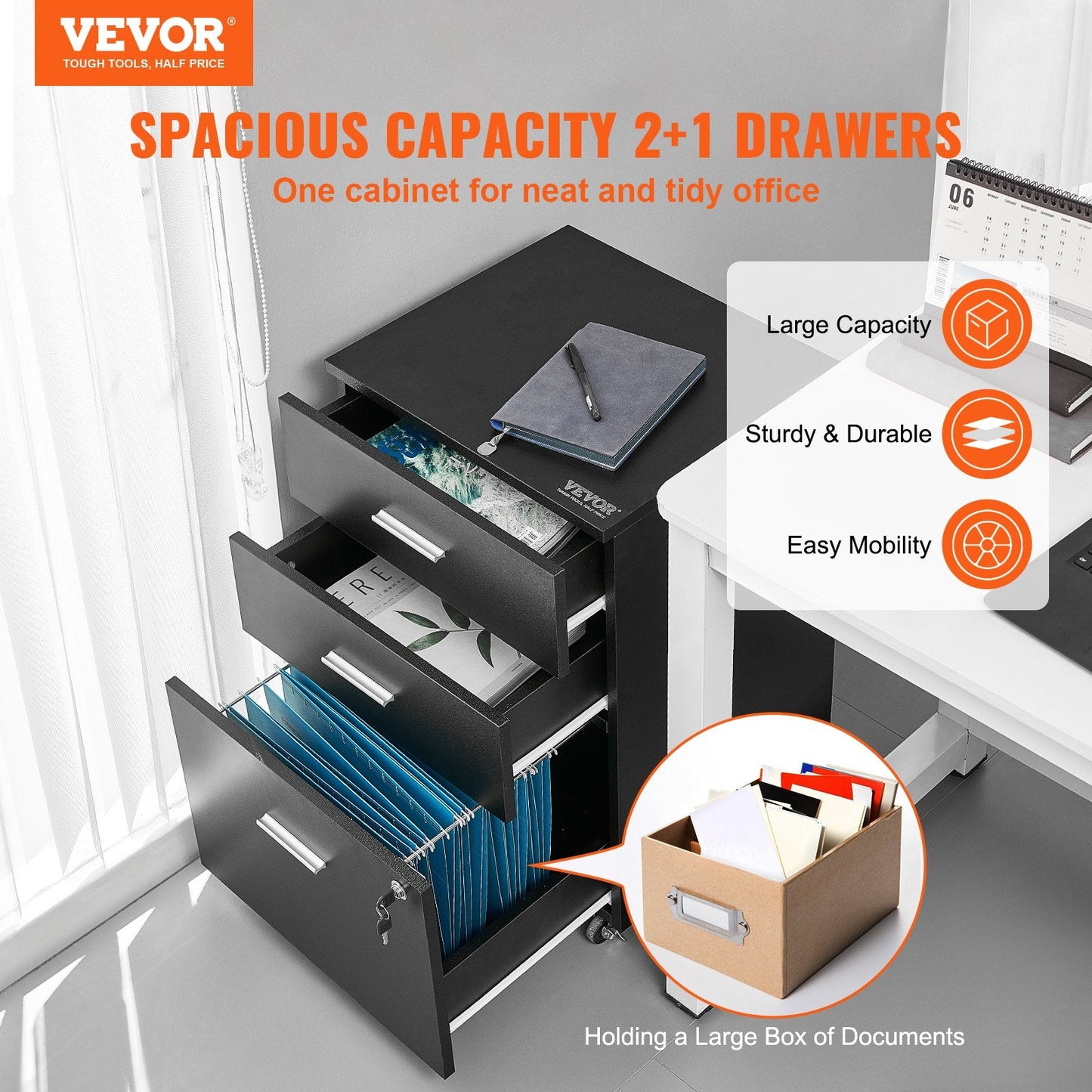 3-Drawer Mobile Wood File Cabinet with Lock, Fits A4/Letter, 450x400x650 mm