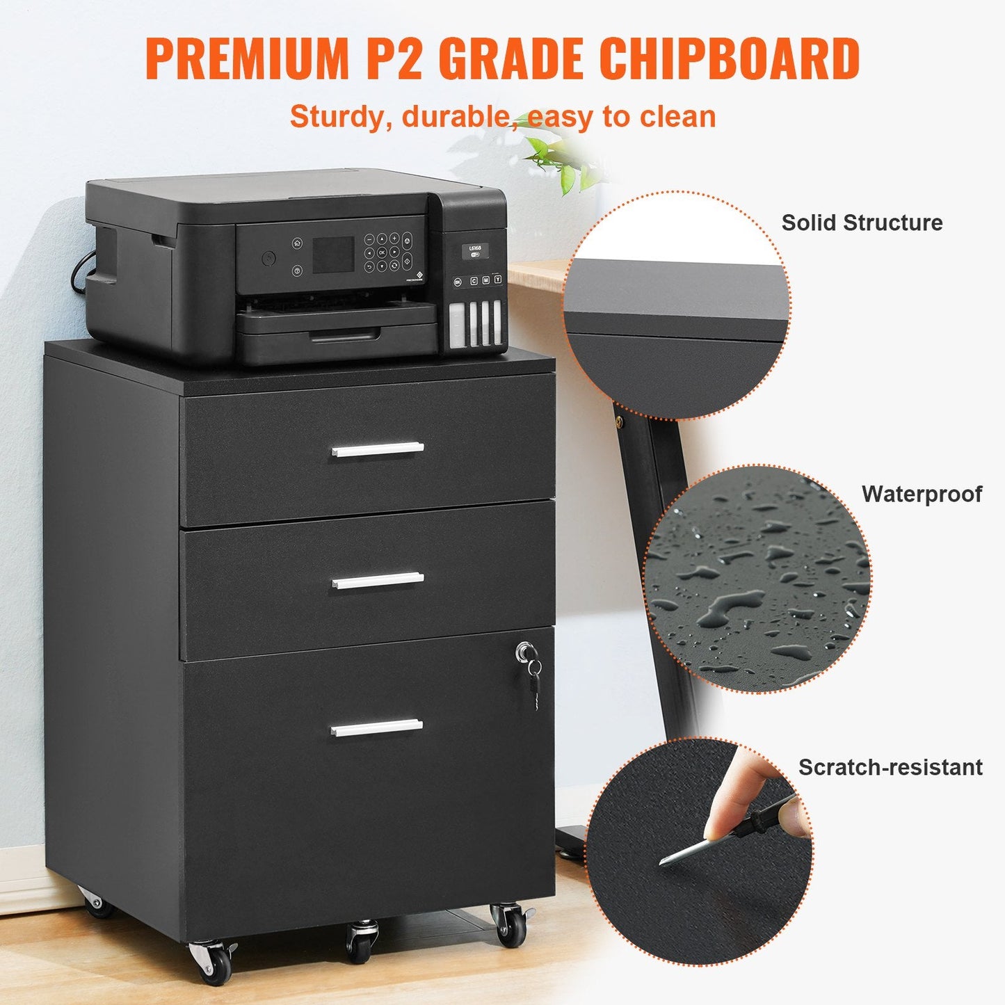 3-Drawer Mobile Wood File Cabinet with Lock, Fits A4/Letter, 450x400x650 mm
