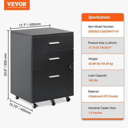 VEVOR 3-Drawer Wood File Cabinet, under Desk File Cabinet for Letter/A4 Size, Mobile