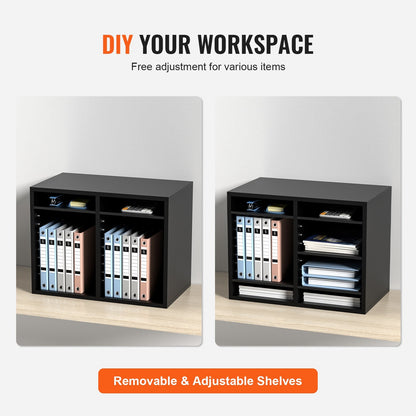 Adjustable Wood Literature Organizer with 12 Compartments, Black, 10 kg Capacity