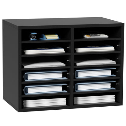 Adjustable Wood Literature Organizer with 12 Compartments, Black, 10 kg Capacity