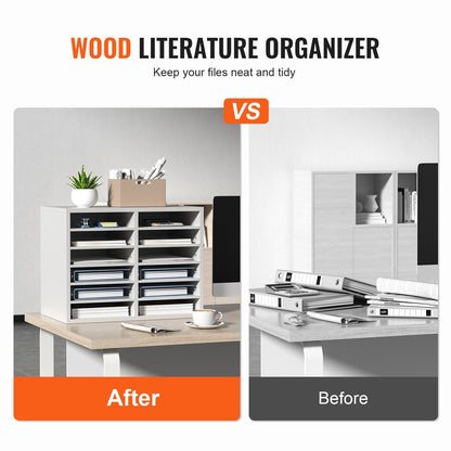 Adjustable Wood Literature Organizer with 12 Compartments, 10 kg Capacity, White