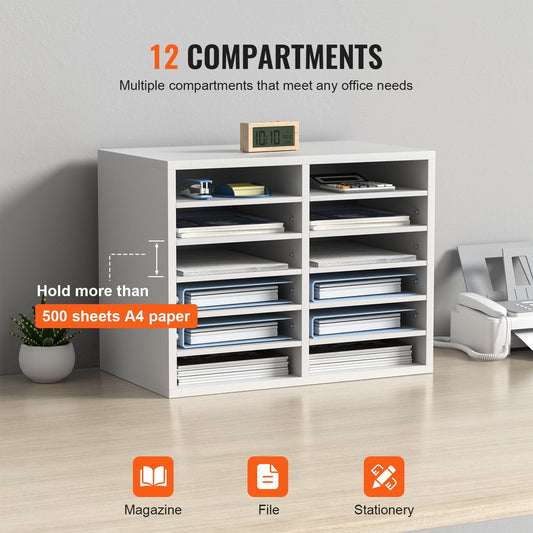 Adjustable Wood Literature Organizer with 12 Compartments, 10 kg Capacity, White