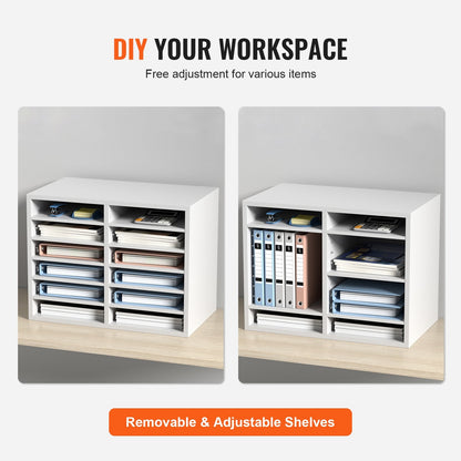 Adjustable Wood Literature Organizer with 12 Compartments, 10 kg Capacity, White