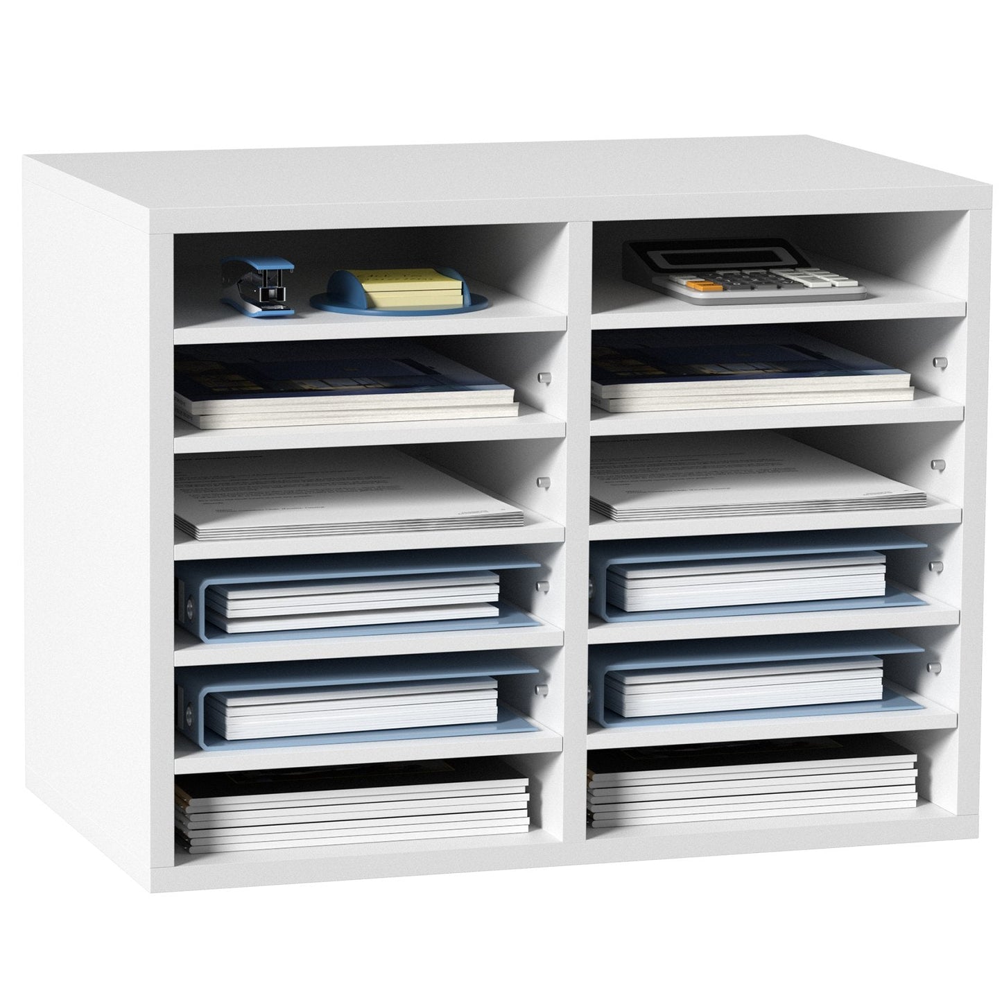 Adjustable Wood Literature Organizer with 12 Compartments, 10 kg Capacity, White