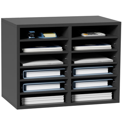 Wood Literature Organizer, 12 Compartments, Adjustable File Sorter, Gray