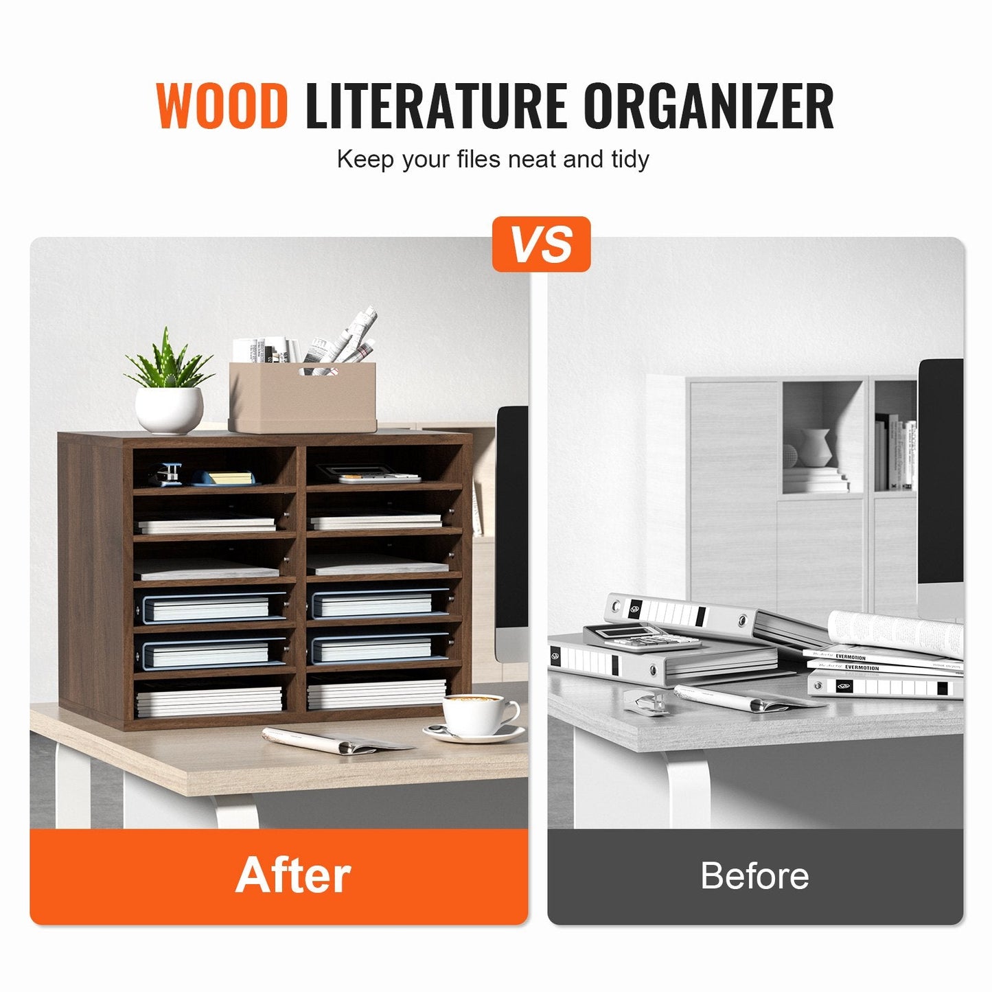 Brown Wood Literature Organizer with Adjustable 12 Compartment File Sorter