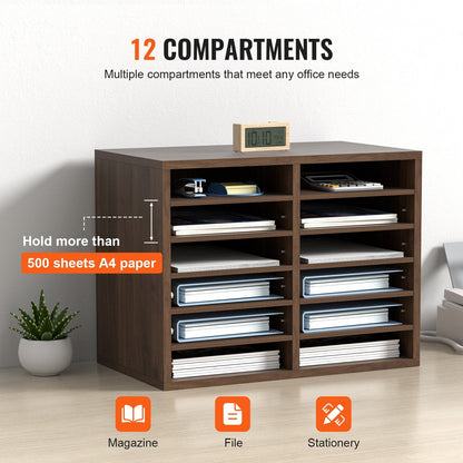 Brown Wood Literature Organizer with Adjustable 12 Compartment File Sorter