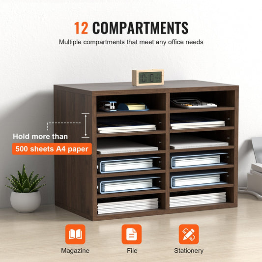 Brown Wood Literature Organizer with Adjustable 12 Compartment File Sorter