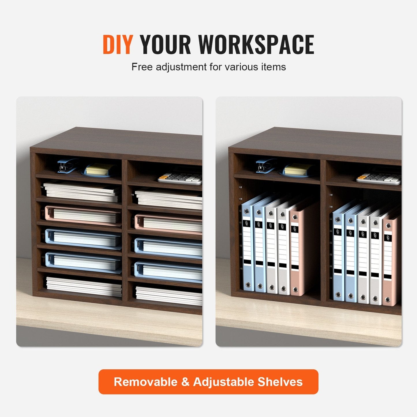 Brown Wood Literature Organizer with Adjustable 12 Compartment File Sorter