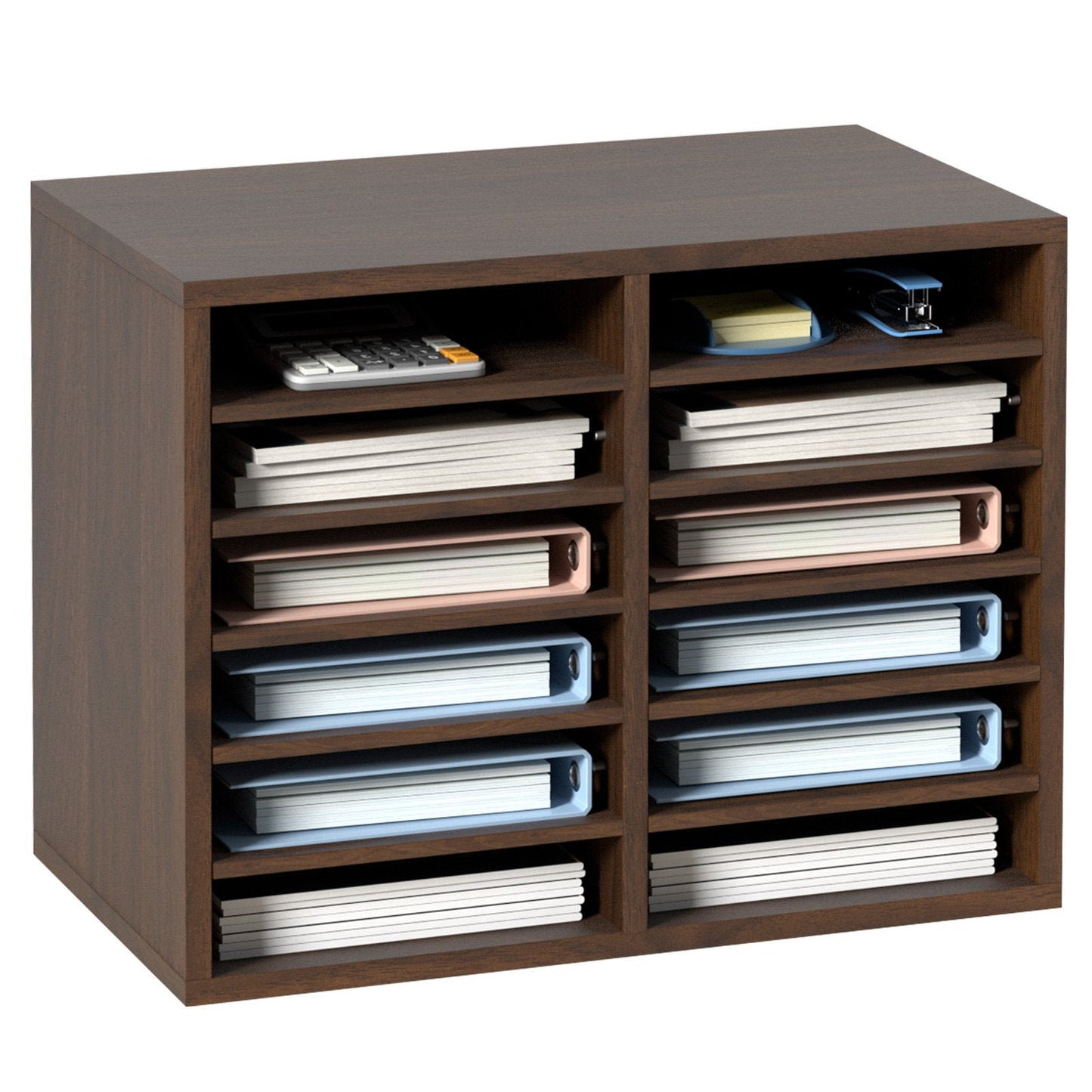 Brown Wood Literature Organizer with Adjustable 12 Compartment File Sorter