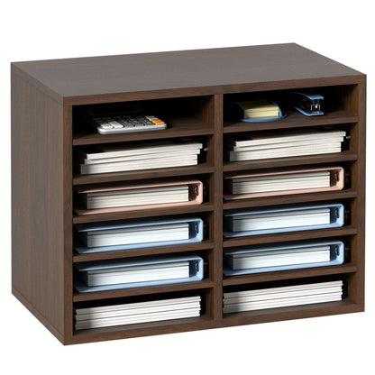 Brown Wood Literature Organizer with Adjustable 12 Compartment File Sorter