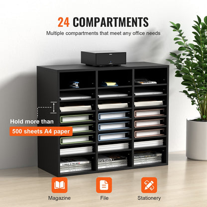 Adjustable Wood Literature Organizer with 24 Compartments, Black, 10 kg Capacity
