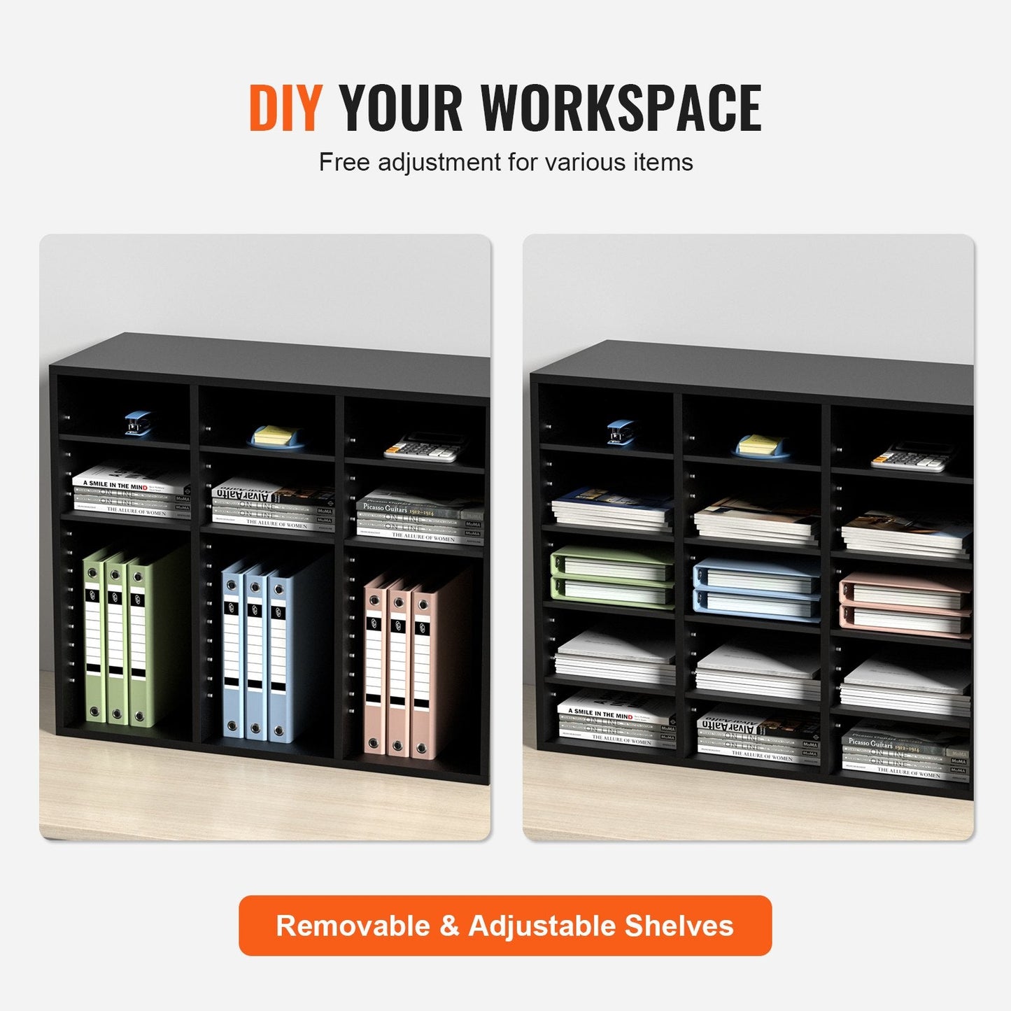 Adjustable Wood Literature Organizer with 24 Compartments, Black, 10 kg Capacity