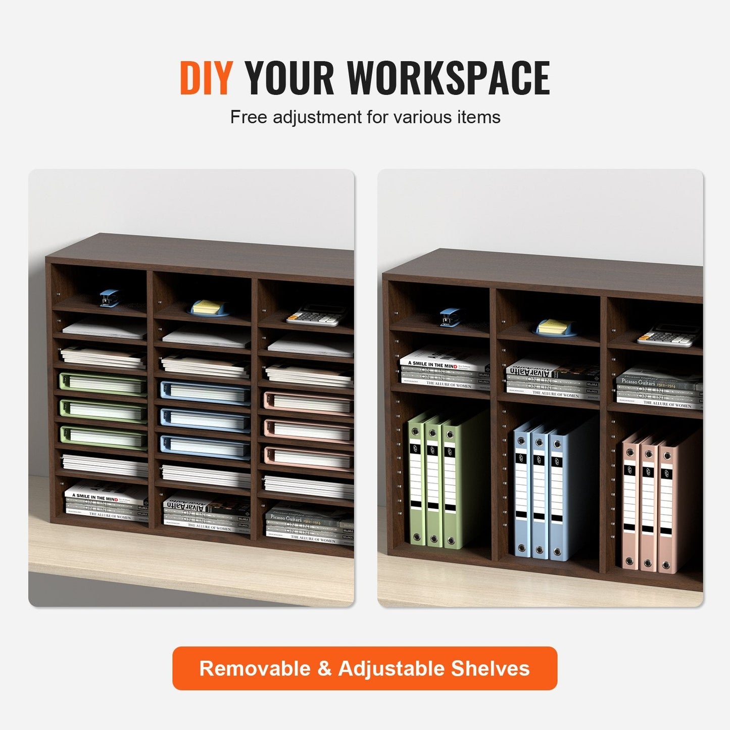 Wooden Literature Organizer with 24 Adjustable Compartments, 10 kg Capacity
