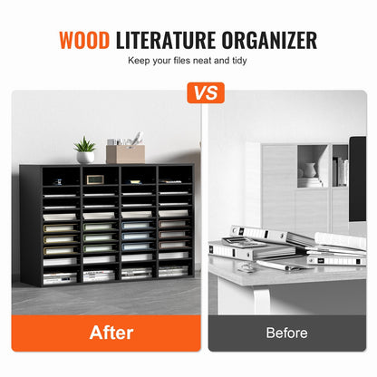 Wood Literature Organizer with 36 Adjustable Slots, Black, 10 kg Capacity
