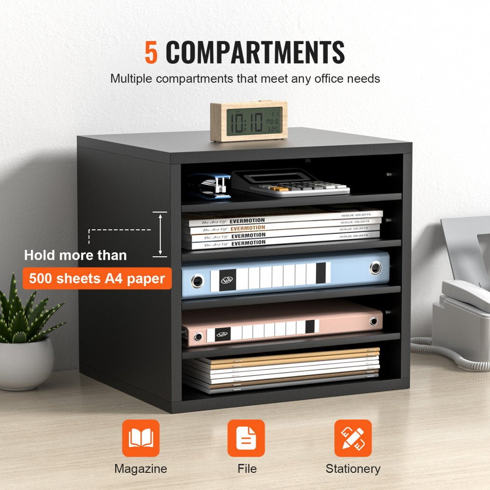 VEVOR Wood Literature Organizer Adjustable File Sorter 5 Compartments Black