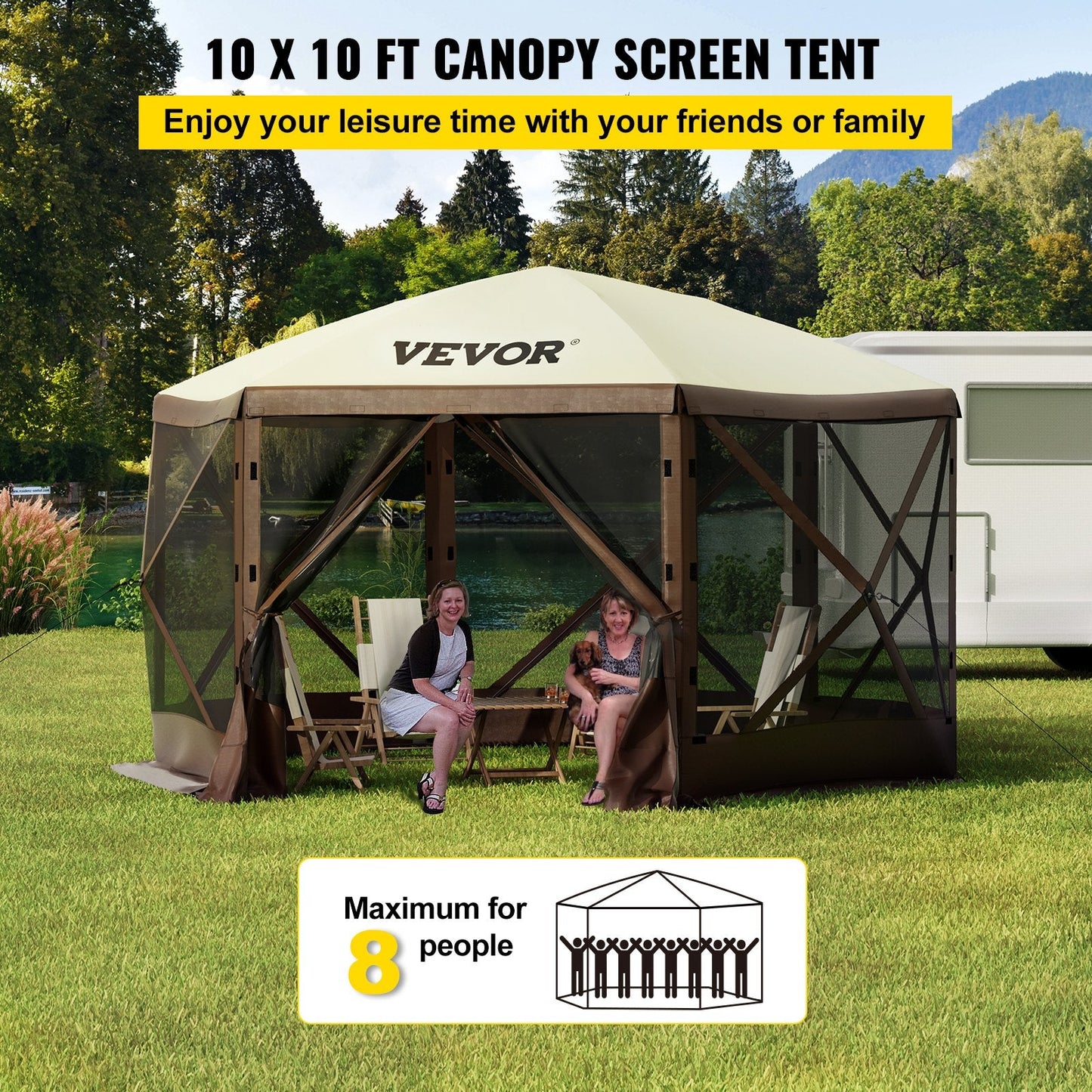 Hexagonal Pop-up Camping Gazebo with Sun Shade, 3.05m x 3.05m, for 8 People