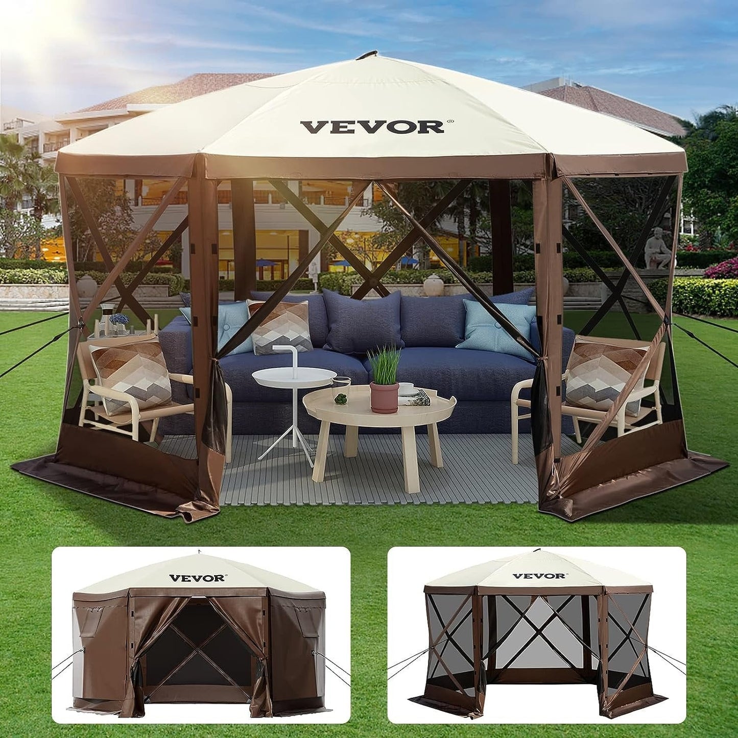 Hexagonal Pop-up Camping Gazebo with Sun Shade, 3.05m x 3.05m, for 8 People