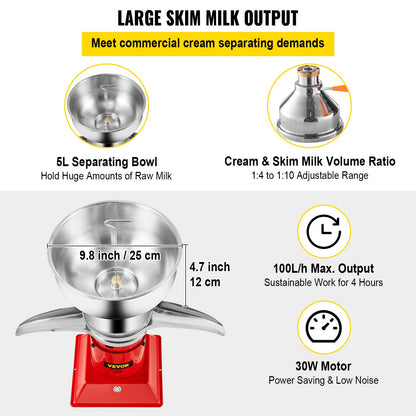 VEVOR Electric Centrifugal Separator Milk Cream Skimmer 100L/h 10500RPM Speed