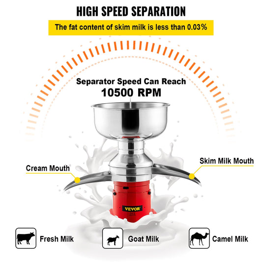 Electric Centrifugal Cream Separator, 100L/h, 10,500 RPM, Stainless Steel